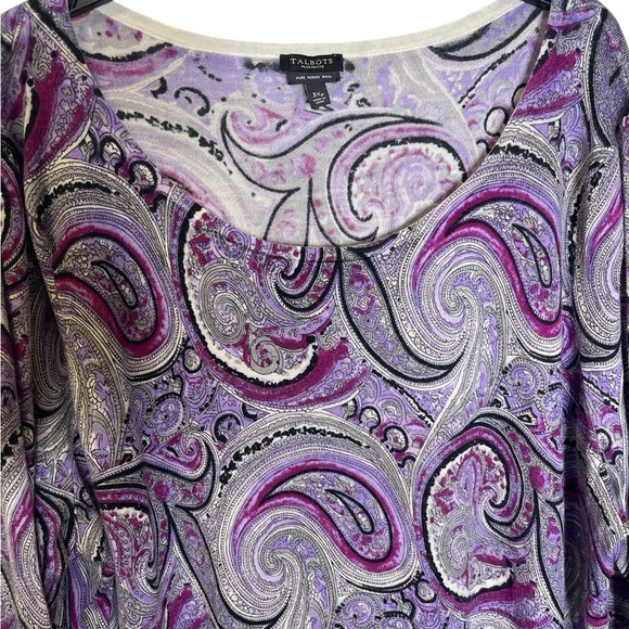 Talbots Purple Paisley Pure Merino Wool Lightweight Sweater 3X Petite GUC - Picture 3 of 8